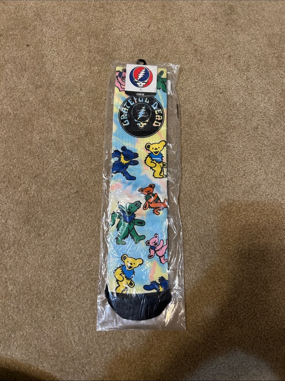 Grateful Dead Yellow, Blue and Pink Tie-Dye Dancing Bears Crew Socks
